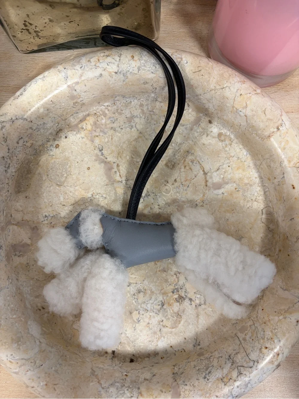 Hermes Budy Shearling and Gray Leather Bag Charm with Black Strap